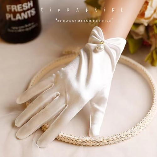 Lahkvor Gants courts en satin blanc pour femme – Élégants gants de mariée avec perle et froufrous – Gants de soirée vintage pour mariage, baptême et fête (Blanc) – vue 3