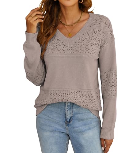 Image of Bluetime Womens Fall Fashion 2024 Sweaters V Neck Ribbed Knit Lightweight Casual Long Sleeve Crochet Pullover Sweater Tops