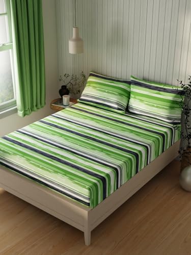 Image of KOPA Extra Smooth Cotton Double Bedsheet with 2 Pillow Covers -3pc Set (Lopez) | Extra Smooth Cotton | 1 Double Bedsheet with 2 King Size Pillow Covers Stripe-Lime /Green