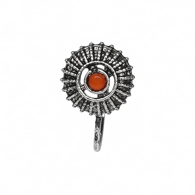 Jewellery Trending Oxidised silver finishing Orange stone Stud Wheel Design Nose Pin | Ring | Without Piercing | Adjustable | Nose Ring | Nathiya|Nathani | For Festival |Navratri For womens & Girls.-image-21