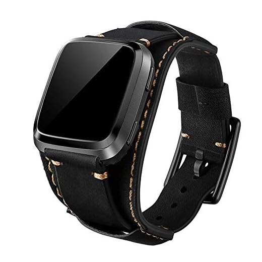 Leotop Kompatibel med Fitbit Versa / Versa 2 / Versa Lite/Versa Special Edition remmar, äkta läder klockarmband manschett armband med rostfritt stål lås för män kvinnor (svart)