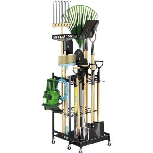 GERRBG ガーデンツール収納ラック、キャスター付き、黒、耐腐食性、取り外し可能、大容量、滑り止め、耐摩耗性、耐久性、ほうき/鍬に適しています 省スペース 大容量 (車輪付き)