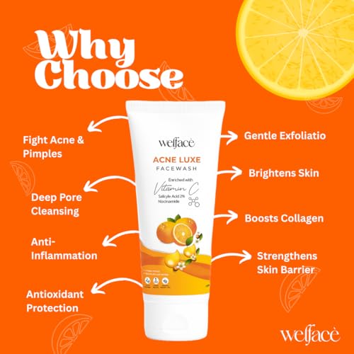 Image of Welface Acne Luxe Face Wash with Vitamin C, 2% Salicylic Acid & Niacinamide | Anti Acne Face Cleanser for Men & Women | Deep Pore Cleansing, Oil Control, Blackhead & Pimple Removal | Brightening Face Wash for Oily, Acne-Prone & Combination Skin | Removes Dirt, Excess Sebum & Tan | 100 ml