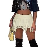 Women's Lace Short Skirt Sexy Y2K Solid Low Waist Patchwork Flowy Ruffle Pleated Mini Skirts Streetwear White M