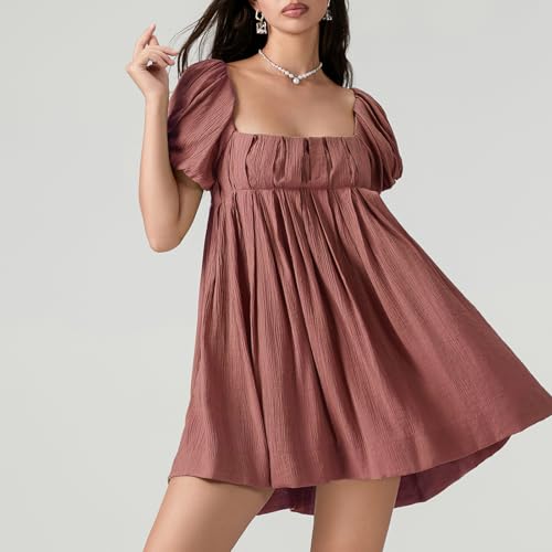 Image of Women Y2k Puff Sleeve Babydoll Dresses Square Neck Tie Back Mini Dress Summer Solid Off Shoulder Flowy Sundress