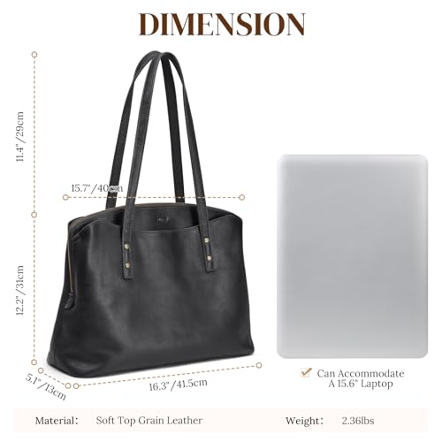 Image of S-ZONE Leather Tote Bag for Women Large Capacity Shoulder Handbags Purses | Full Grain Leather, Large Capacity, Fits 15.6-Inch Laptop, Work or Commute, Bottom Metal Feet