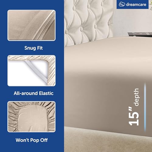 Image of DREAMCARE Queen Sheets - 6 pcs Breathable Cooling Sheets Queen - up to 15 inch | Deep Pocket Queen Sheets Set with Side Pockets - Extra Soft - Queen Sheet Set - Hotel Luxury Queen Bed Sheets - Beige