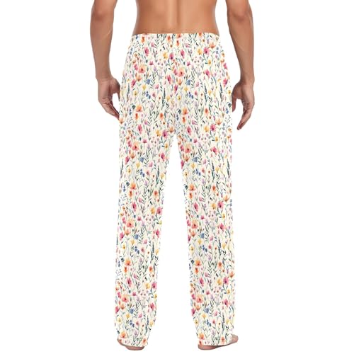 Mens Cotton Pajama Pants Sleep Lounge Pj Bottoms Sleepwear with Pockets Drawstring S Watercolor Wildflowers3