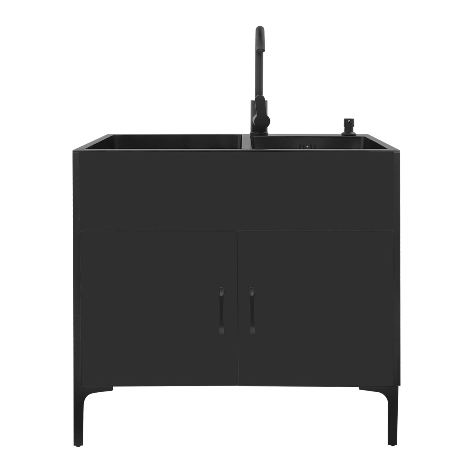 Lavello da cucina autoportante con base e rubinetto, in acciaio inox con 2 vasche scolapiatti e scarico, per cucina, giardino, esterno, officina, lavanderia, campeggio (nero)