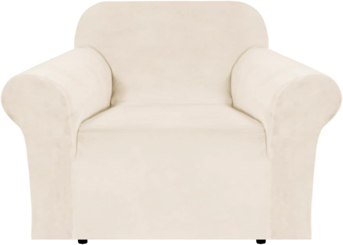 H.VERSAILTEX Stretch Velvet Armchair Cover Couch Covers 1 Cushion Chair Slipcover for Living Room Furniture Cover Crafted from Thick Comfy Rich Velour (Chair 31"-49", Cream)