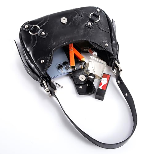 Y2k Purse for Women Goth Purse Studded PU Leather Clutch Buckle Punk Style Hobo Y2k Shoulder Bag3