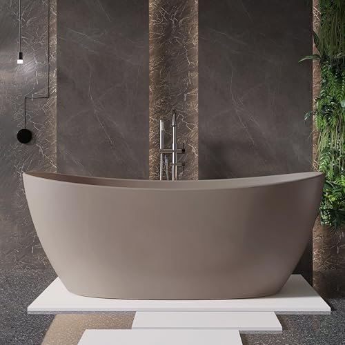 MEDUNJESS 65'' Stone Resin Solid Surface Freestanding Bathtub, Modern Elegant Design Soaking Stand Alone Tub, Light Gray, Drain and Overflow Included