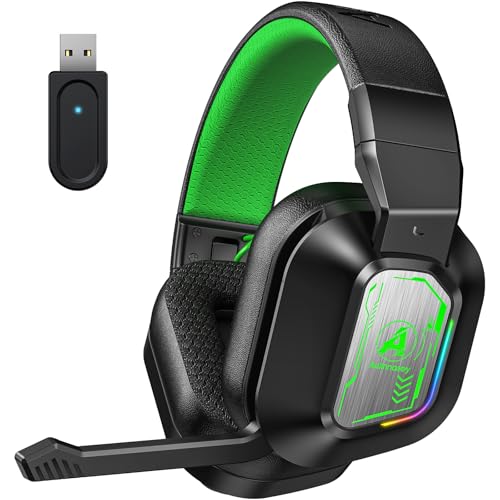 Awinnasey PH4 Casque de jeu sans fil avec microphone, mode jeu/musique, casque de jeu Bluetooth 2,4 GHz pour PS5/PS4/PC/Switch, faible latence, LED, son sans perte, suppression du bruit, noir et vert