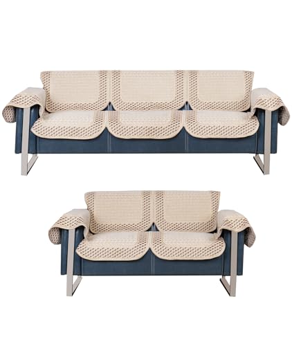 Image of Premium Chenille Woven Anti-Slip 3 Seater + 2 Seater Sofa Cover with Arm Rest | L-Shape Sofa Seat Protector for Living Room | Durable & Stylish Slipcover - Beige 3D