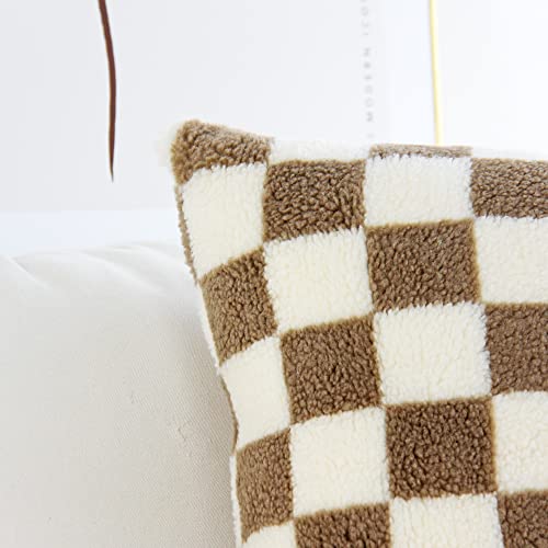 Jojusis Decorative Throw Pillow Covers Luxury Style Checkerboard Pattern Cushion Case Super Soft Faux Fur Wool Pillowcases For Couch Bedroom Pack Of 2 (Khaki, 18 X 18-Inch) #TOP3