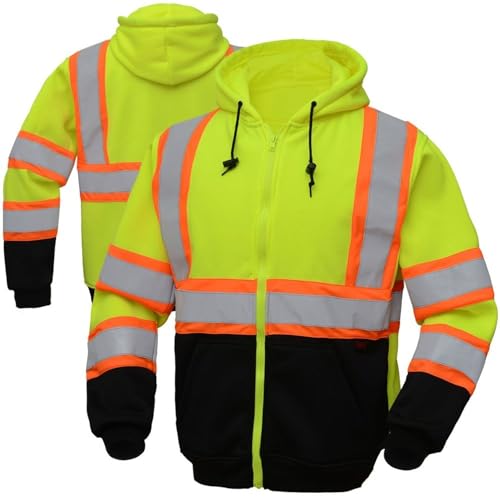 Renegade Mens Hoodie Hi VIS Visibility Safety Hooded Zip Sweatshirt, Black Bottom