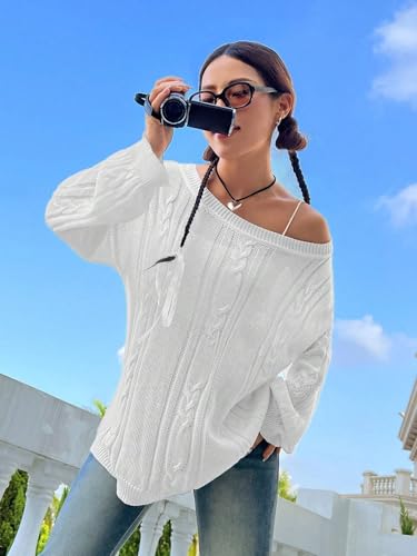 Image of SKAYS Oversized Fall Sweaters for Women, Oversized Cable Knit Sweater Off Shoulder, Solid Color Crew Neck Sweater