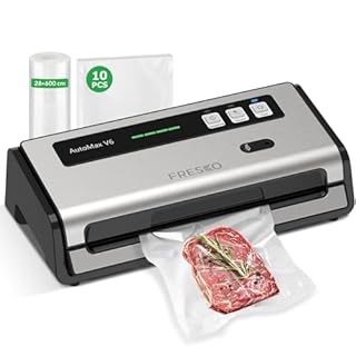 FRESKO Machine Sous Vide Alimentaire Automatique, Bandes chauffantes élargies, Coupe-sac Intégré et Rangement des Sacs, Mode Humide et Sec, Utilisation à une Main (Automax V6)