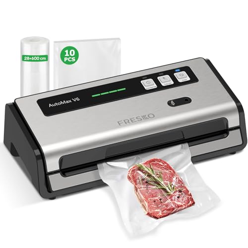 FRESKO Automatic Vacuum Sealer Machine, 140 Watt Food Vacuum Sealer with Double Heat Seal, Built-in Cutter & Bag Storage, Includes 10 pcs Pre-cut Bags and 1 Roll Bag(V6)
