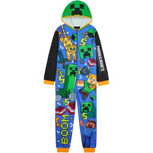Get Trend Minecraft One Piece Pajamas for Boys, Teens, Hooded Long Sleeved Fleece Jumpsuit, Zip Up Sleepwear...