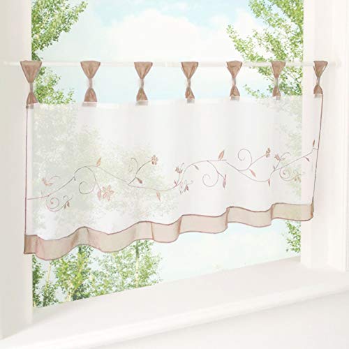 CURTAIN LAND Brise-bise en Voile Transparent Broderie Fleurs avec Perles Plastiques Décoratives (LxH-90x45cm, Sable/Blanc) Cover