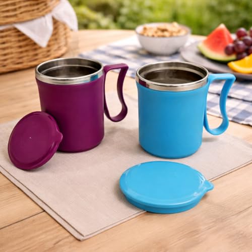 Image of Insulated Stainless Steel Coffee Mug with Lid, 300ml, Double Wall, Reusable Travel Mug for Home & Office (Purple - Sky Blue)