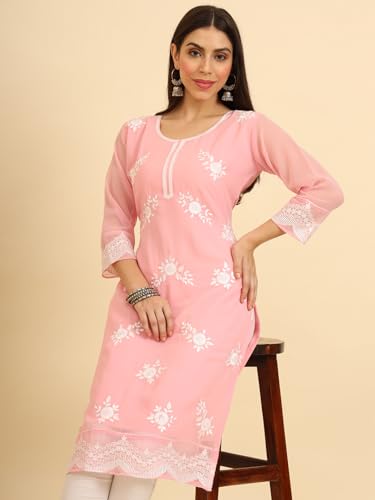 Image of Women's Chikankari-Lucknowi Embroidered Work | 3 /4 Sleeve | Knee Length | Round Neck | Georgette Fabric | Straight Kurta
