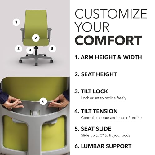 Image of HON Ignition 2.0 Mid‑Back Ergonomic Office Chair, Mesh Task Desk Chair with Lumbar Support, Standard Synchro‑Tilt, Height and Width Adjustable Arms, Titanium Frame, Pear