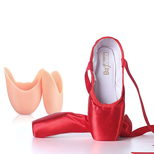 XXXZZL Chausson de Danse Classique Pointe Chaussures de Ballet Satin Élastique Bande et Protège-Orteils pour Ballerines Fille Femme(Prendre Une Taille au Dessus),Rouge,35