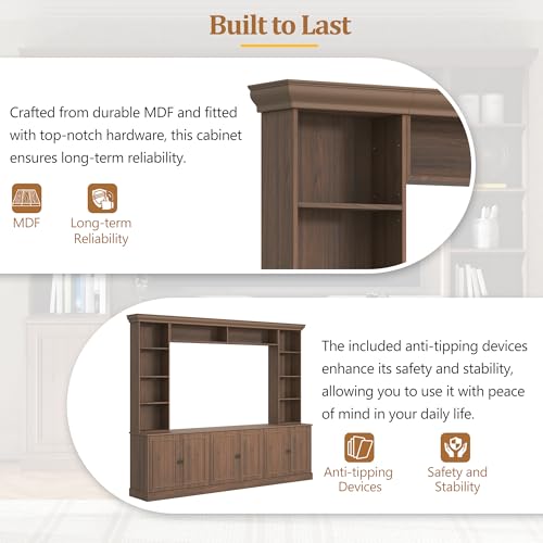 Image of JIJIWANG 97.4 inch Wall Unit Entertainment Center with Adjustable Shelves and Bookshelves, Extra Large TV Stand with Doors and Cabinet, Modern All-in-One TV Stand with Bridge for TVs Up to 70 inch Walnut