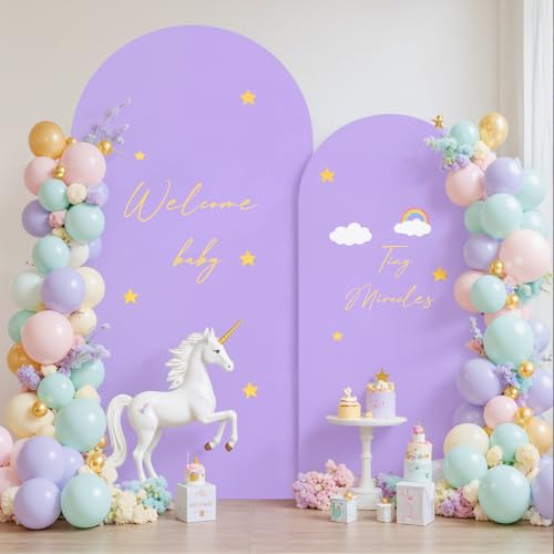 Image of Beige and Purple Arch Cover 2 Set-7.2FT, 6FT Arch Backdrop Cover Spandex Fitted Wedding Arch Stand Covers for Bridal Shower Wedding Baby Shower Birthday Party Ceremony Photo Background Decorations