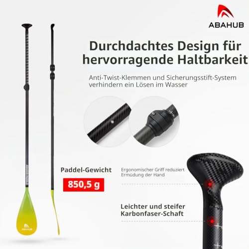 Abahub 3teilig Carbon SUP Paddel mit Paddeltasche Stand Up Teleskoppaddel 170-218cm Karbonschaft+Kunststoffblatt für SUP Board Surfboard Grün-Gelb-Verlauf