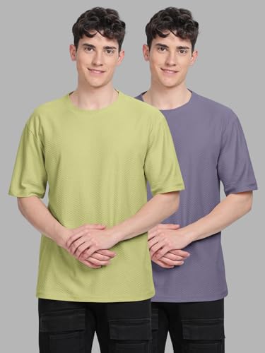 Image of BULLMER Trendy Textured Half Sleeve Oversized Hexagon Waffle Crew Neck Tshirt for Men-Pack of 2