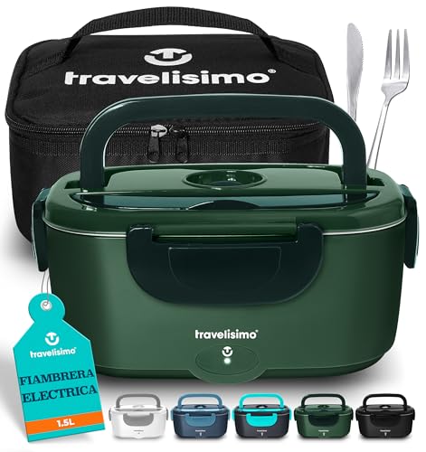 TRAVELISIMO Fiambrera Electrica Comida Trabajo 80W Taper Electrico para Comida 1,5L Fiambrera Termica 3 en 1 12V/24V/220V Fiambreras Comida Trabajo Coche y Camión, Acero Inox, Tartera Comida Trabajo