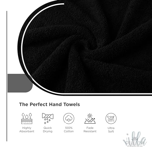 Image of Villa Celestia Cotton Hand Towels Set of 4, 16 x 28, Oeko-TEX Certified, Quick Dry, Black