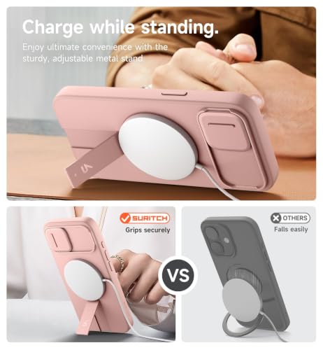 Image of SURITCH for iPhone 17e /16e Case with Magnetic Camera Slide Cover and Adjustable Kickstand, Compatible with MagSafe, Shockproof Bumper Case Slim Protective Cover 6.1 Inch,Pink
