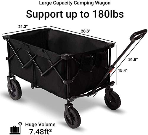 Pacific Pass Camping Folding Wagon Garden Cart with Carry Bag Supports 180lbs, Black - Thumbnail 2