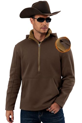 Herberton Men's Fashion Stand Collar Sweatshirt Durable Spring Pullover Warm Fleece Lined 1/2 Zipper Thermal Half Zip Loose Fit Winter Soft Cotton Heavyweight Plain Retro Hoodie Coffee XXL