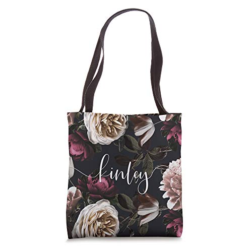 Kinley - Elegant Floral Rose & Peony Personalized Name Tote Bag