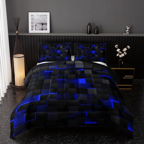 Image of Nttopship Neon Blue Black Comforter Set King Geometric Kids Bedding Set,3 PCS Geometry Honeycomb Bed Set Modern Quilt Set 1 Comforter 2 Pillow Cases Cool Room Decor All Season B-Side Black