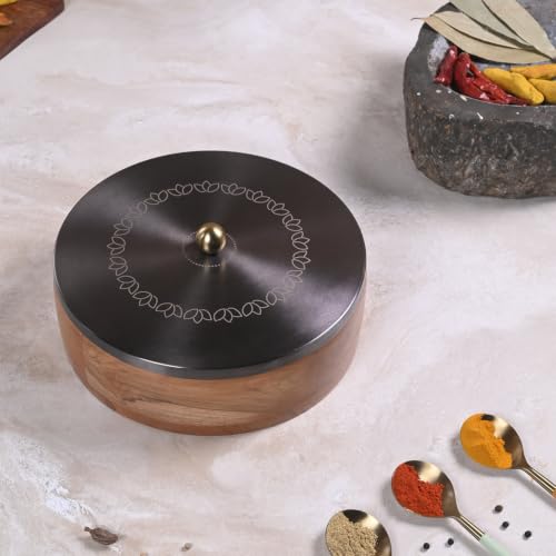 Image of Wooden Masala Box for Kitchen | 7 Stainless Steel Jars with Wooden Spoon | Stainless Steel Brass Lid with Knob | Multipurpose Spice Storage | GunMetal (Bloom Etching)