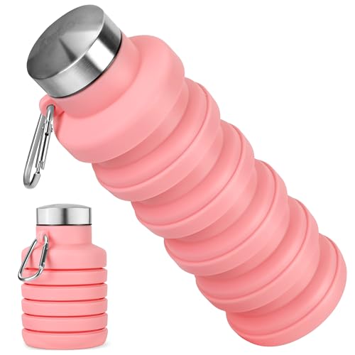 Rotayi Collapsible Water Bottle, 16oz Portable Reusable Silicone Water Bottle, BPA-Free Leak-Proof Foldable Design with Carabiner, Lightweight Durable for Gym, Travel, Camping, Hiking, Sportsr-Pink