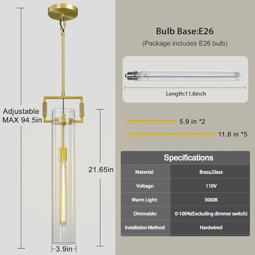 Brass Pendant Lights,Modern Glass Pendant Lights Kitchen Island 2 Pack,21.6'' Farmhouse Gold Kitchen Pendant Lighting Over Island for Dining Table,Bathroom,Bedroom