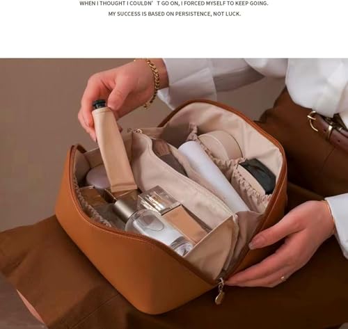 Image of Handcuffs Cosmetic Bag with Handle | PU Leather | Toiletry Pouch | Makeup Storage | Large | Travel | Zipper | Waterproof | Make Up Organizer (Brown)