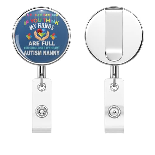 Autism Nanny Shirt Autism Awareness Puzzle Piece Kindness Retractable Metal Badge Reel – Heavy-Duty ID Holder Clip for Nurses, Teachers, and Office Workers