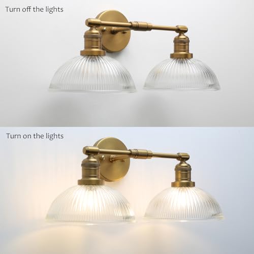 Image of Yosoan 2-Light Brass Indoor Wall Sconce with Striped Shade, Modern Vanity Light Vintage Industrial Wall Mounted Lamp Hardwired Bowl Glass Shade for Living Room Kitchen Bedroom Home Decor(Antique)