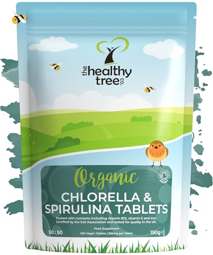 Organic Chlorella and Spirulina Tablets 50/50 Superfood Blend - 300 Count 150g High in Vitamin B12 Iron and Chlorophyll by TheHealthyTree Company