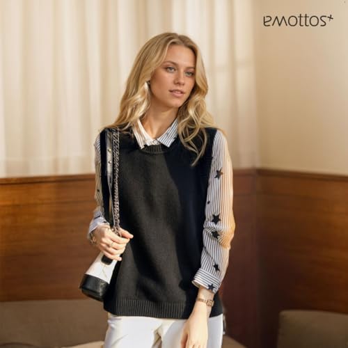 EMOTTOS ärmellose Strickweste Damen, Plain Sleeveless Jumpers Chunky Buttons Sweaters mit Rundhalsausschnitt, Pull Over Soft Casual Stylish Vintage Pullunder, Schwarz, Einheitsgröße