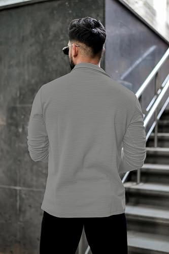 Image of KAJARU Men's Quarter Zip Pullover T-Shirt, Textured Ribbed Long Sleeve, Casual Mock Neck