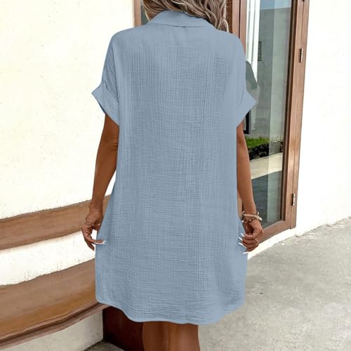 Kleider Baumwolle Damen Sommer, Musselin Kleid Damen Sommerkleid Mit Taschen Blusenkleid Kleider Sommer Knielang Musselinkleid Luftige Strandkleid Kleid Mit Knopfleiste Kurzarm Hemdkleid Blau M-3